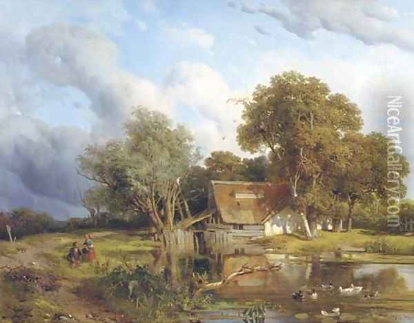 A wooded landscape with children playing by a pond Oil Painting - Willem Roelofs