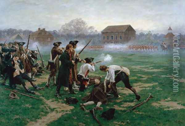 The Battle of Lexington, 19th April 1775, 1910 Oil Painting - William Barnes Wollen