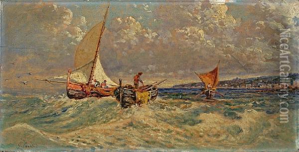 Fishing Boats Off The Coast Oil Painting - Giuseppe Carelli