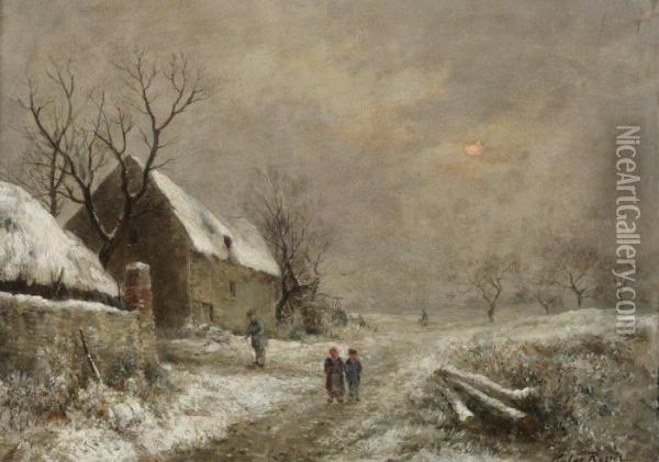 La Sortie Du Village Par Temps De Neige Oil Painting - Jules Rozier