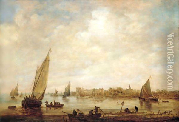 A River Landscape, With Fishermen And Small Vessels , And A Distant View Of Rupelmonde Castle, Seen From Across The River Schelde Oil Painting - Jan van Goyen