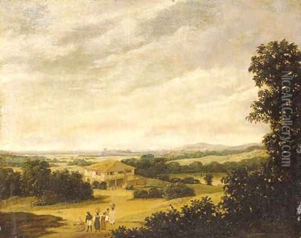 An extensive Brazilian landscape with natives carrying baskets and a farmhouse by a pool Oil Painting - Frans Jansz. Post