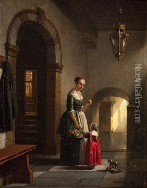 A 17th Century Interior With Mother And Child Oil Painting - Hubertus van Hove