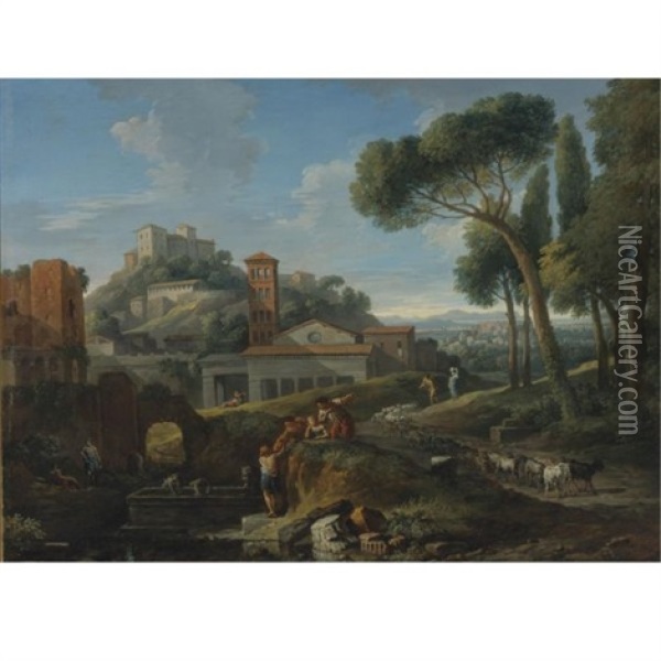 Landscape With The Arch Of Janus And San Giorgio Al Velabro Oil Painting - Jan Frans van Bloemen
