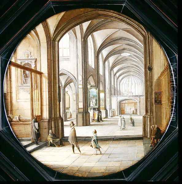 The interior of a cathedral with gentlemen and beggars, 1621 Oil Painting - Hendrick van, the Younger Steenwyck