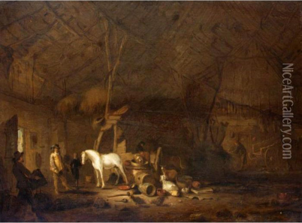 A Barn Interior With A Cavalier And His Horse Oil Painting - Egbert van der Poel