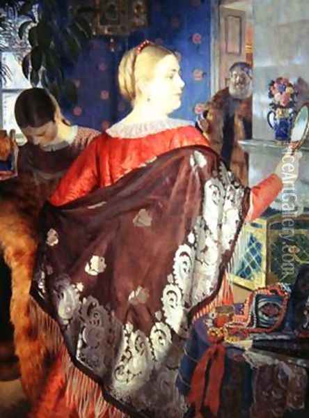 Merchants woman with a mirror Oil Painting - Boris Kustodiev