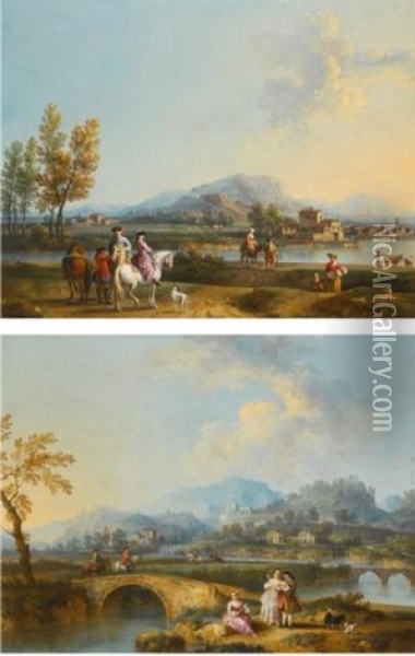 An Italianate Landscape With Elegant Figures On Horseback, Before A Riverside Town; An Italianate Landscape With Horsemen Crossing A Bridge, A Lady And Gentleman In The Foreground (pair) Oil Painting - Giovanni Battista Cimaroli