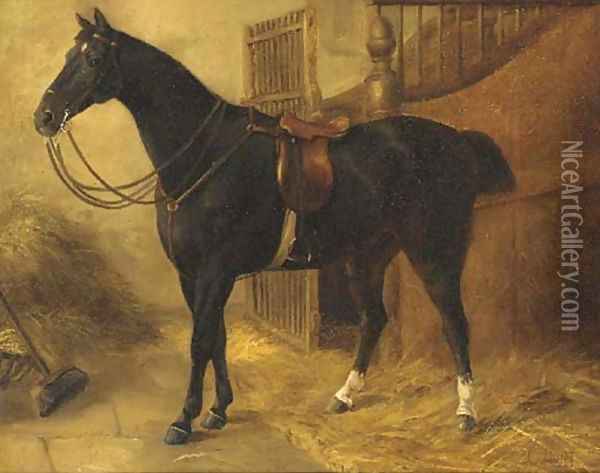 A black hunter in a stable Oil Painting - English School