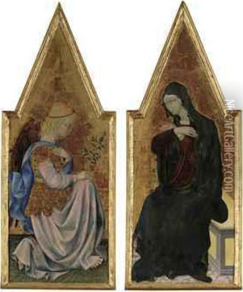 The Annunciation: The Archangel Gabriel; And The Virgin Annunciate- Pinnacles From An Altarpiece Oil Painting - Lorenzo Di Pietro Vecchietta