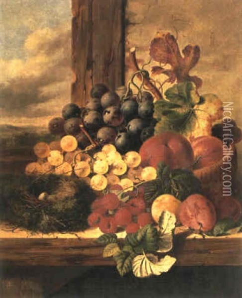 A Still Life Of Grapes, Raspberries, Plums, Peaches And A   Quail's Nest Oil Painting - Edward Ladell