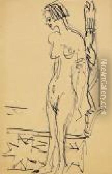 Stehender Madchenakt Vor Geschnitztem Pfosten Oil Painting - Ernst Ludwig Kirchner