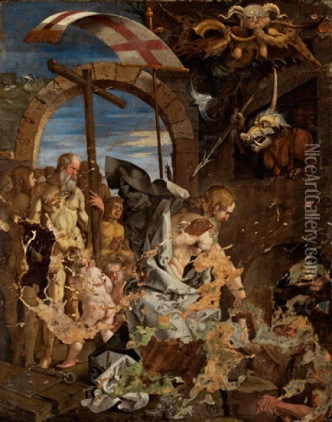 Christus In Der Vorholle (after Durer) Oil Painting - Joachim Anthonisz Wtewael