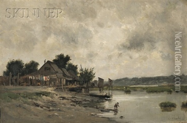 Shacks And Docks On The River's Edge Oil Painting - Richard Pauli