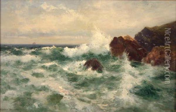 Waves Breaking On Thecornish Coast Oil Painting - Alfred J. Warne Browne