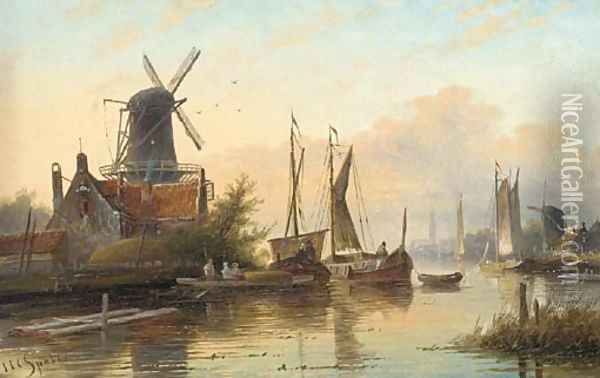 Barges in a calm on a Dutch river estuary Oil Painting - Jan Jacob Coenraad Spohler
