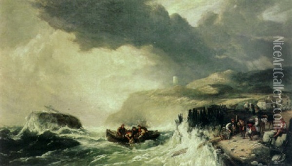A Coastal View With A Shipwreck Offshore And A Rescue Boat And Figures On The Beach In The Foreground Oil Painting - John Cuthbert Salmon