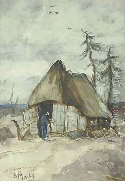 A peasantwoman by a shed on the heath Oil Painting - Sientje Mesdag Van Houten
