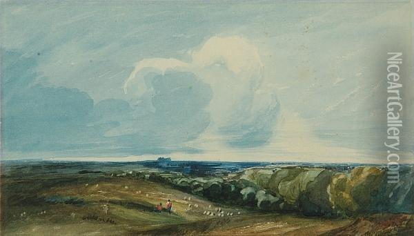 Landscape With Shepherd And Flock Oil Painting - Miles Edmund Cotman