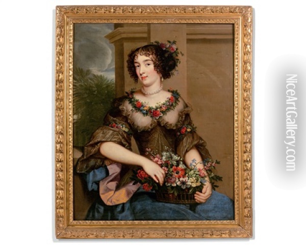 Portrait De Femme Tenant Une Corbeille De Fleurs, Le Corsage Fleuri D