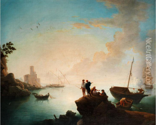 Sudlandische Hafenszene Mit Fischern Vor Kanonen Feuernder Galeeree Oil Painting - Francesco Fidanza