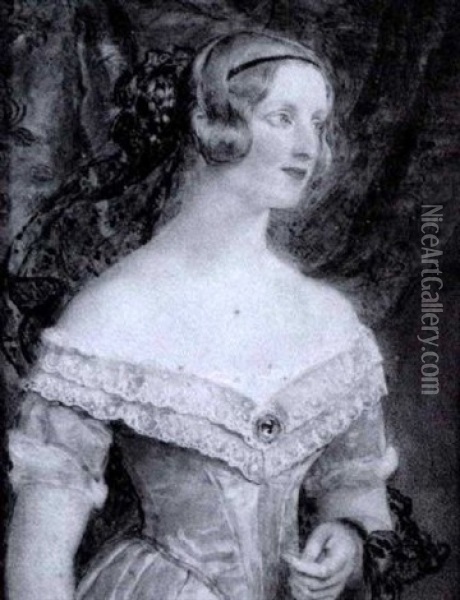 The Hon. Jane Lawley-thompson, Wearing Mint-green Dress With White Lace Collar, Blue Ribbon Suspended From Her Left Arm, Jewel At Her Corsage, Thin Black Ribbon In Her Hair And Black Lace Veil Oil Painting - Sir William Charles Ross