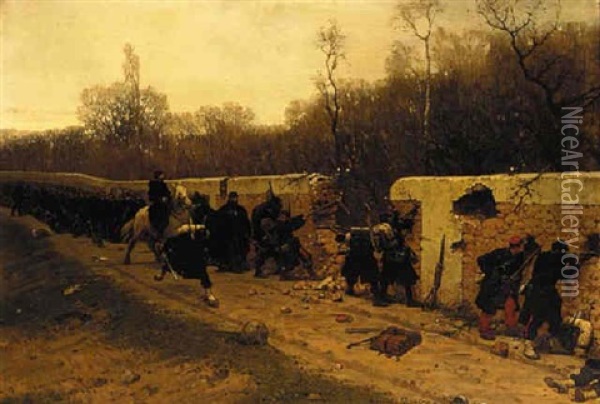 Troops Advancing Behind A Wall At The Edge Of A Wood Oil Painting - Eugene Medard