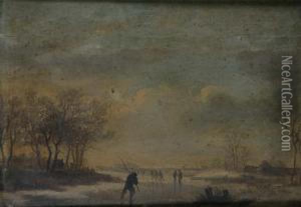 Figures Skating On A Frozen Lake; Travellers And Shepherd With Flock In A Pastoral Landscape Oil On Panel, A Pair, 21 X 29cm Each Oil Painting - Johannes Van Der Neer