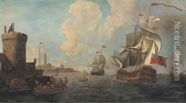 A Mediterranean coastal inlet with Dutch and British men-o'war and other shipping Oil Painting - Adriaen Van Der Cabel
