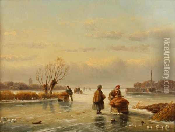 Figures On A Frozen Lake Oil Painting - Nicolaas Johannes Roosenboom