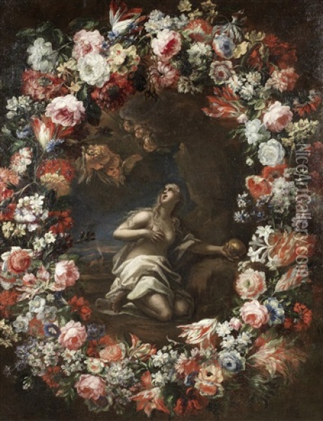 The Penitent Magdalen Surrounded By A Garland Of Flowers (collab. W/circle Of Luca Giordano) Oil Painting - Nicola Malinconico
