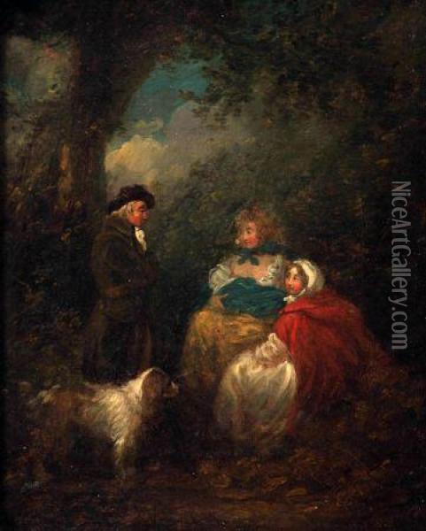 Figure Group And Dog In Wooded Landscape Oil Painting - George Morland