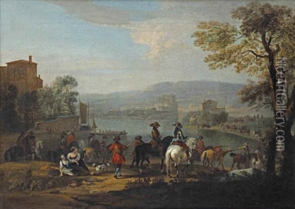 A Italianate River Landscape With A Military Company Riding Along The River Bank Towards A Town In The Near Distance Oil Painting - Peter Tillemans