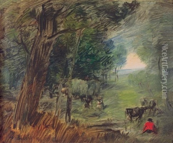 Waldlandschaft Mit Heufuder Und Kuhen Oil Painting - Wilhelm Busch