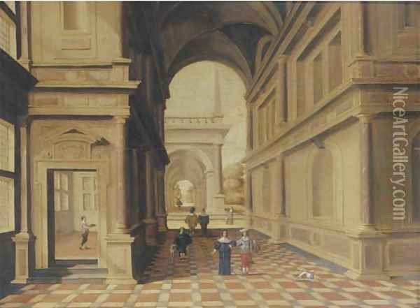 A fantastical palace with elegant figures in a portico Oil Painting - Hans Juriaensz. Van Baden
