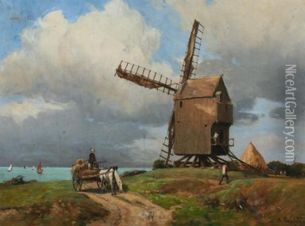 Rustic Landscape With Windmill Oil Painting - Gustave Edouard Le Senechal De Kerdreoret