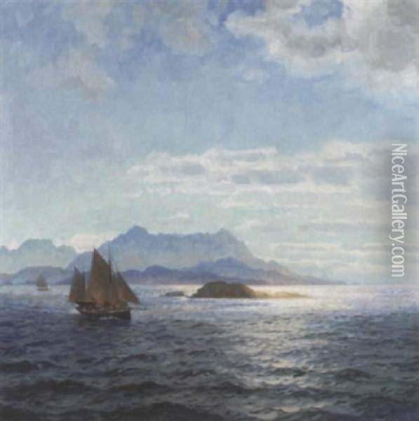 Galease For Fulle Seil Langs Kysten Oil Painting - Thorolf Holmboe