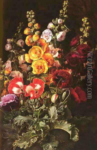 A Still Life Of Hollyhocks And Poppies Oil Painting - Johan Laurentz Jensen