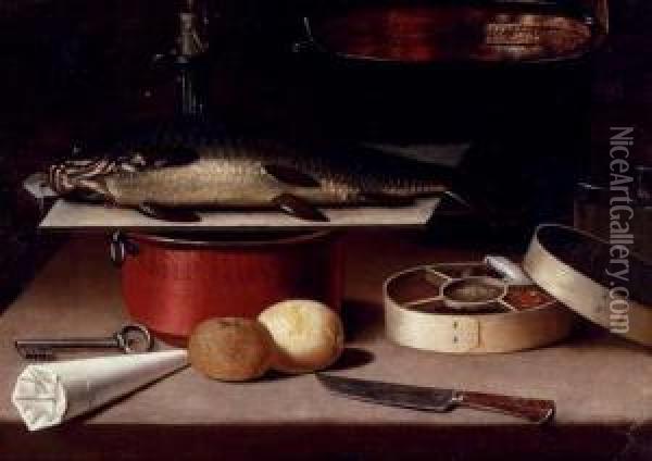 A Fish On A Board, Copper Pots, Lemons, A Key, A Box Of Spices And Other Objects, On A Tabletop Oil Painting - Hans Georg Meyer