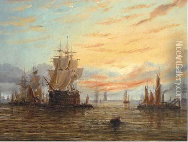 A Three-decker In A Busy Anchorage At Dusk Oil Painting - Adolphus Knell