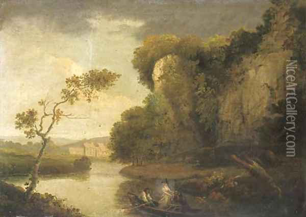 Figures in a rowing boat in a river landscape Oil Painting - Julius Caesar Ibbetson