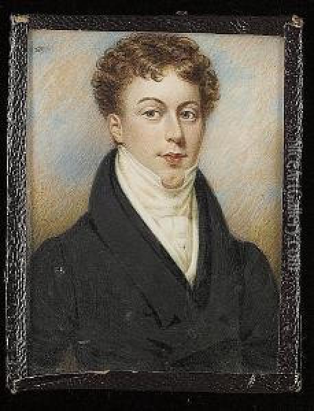 A Young Gentleman, Wearing Black Coat, White Waistcoat And Stock Oil Painting - J.A. Mitchell