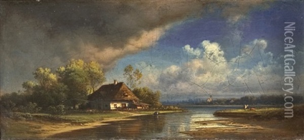 A Farm By The River Oil Painting - Hans Hueber