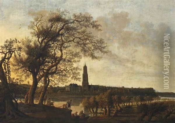 View Of Rhenen With Figures Along The Nederrijn, The Cunerakerk And The Palace Of The Winter King Beyond Oil Painting - Anthony Jansz van der Croos
