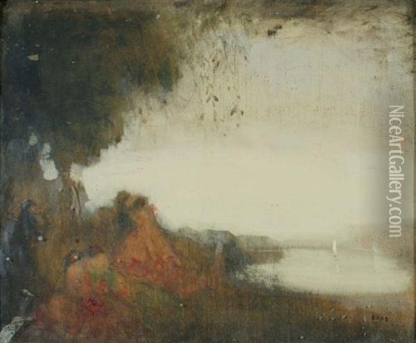 Lakeside With Figures Oil Painting - William George Robb
