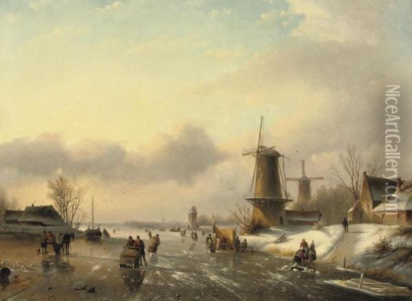 Figures On The Ice Near A Windmill Oil Painting - Jan Jacob Coenraad Spohler