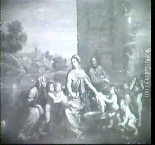 Sainte Famille Entouree De Putti                            Dans Un Paysage Oil Painting - Nicolas Poussin