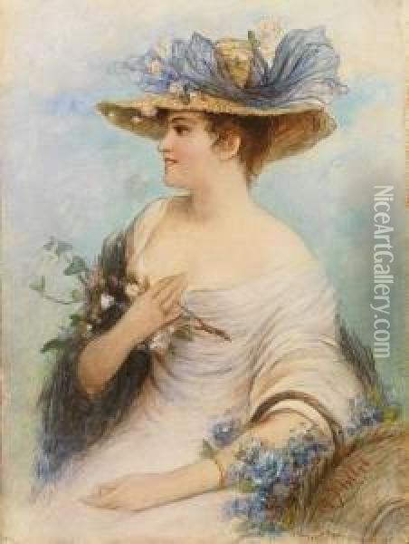Portrait Einer Sitzendenjungen Frau Mit Hut Und Blumen Oil Painting - Adolphe Philippe Millot