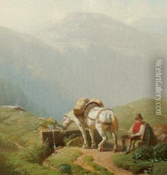 Traveller And Horse Resting On An Alpine Track Oil Painting - Karl Lieske