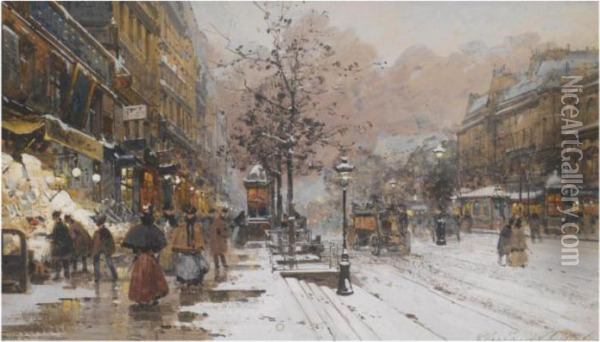 Les Grands Boulevards A Paris Oil Painting - Eugene Galien-Laloue